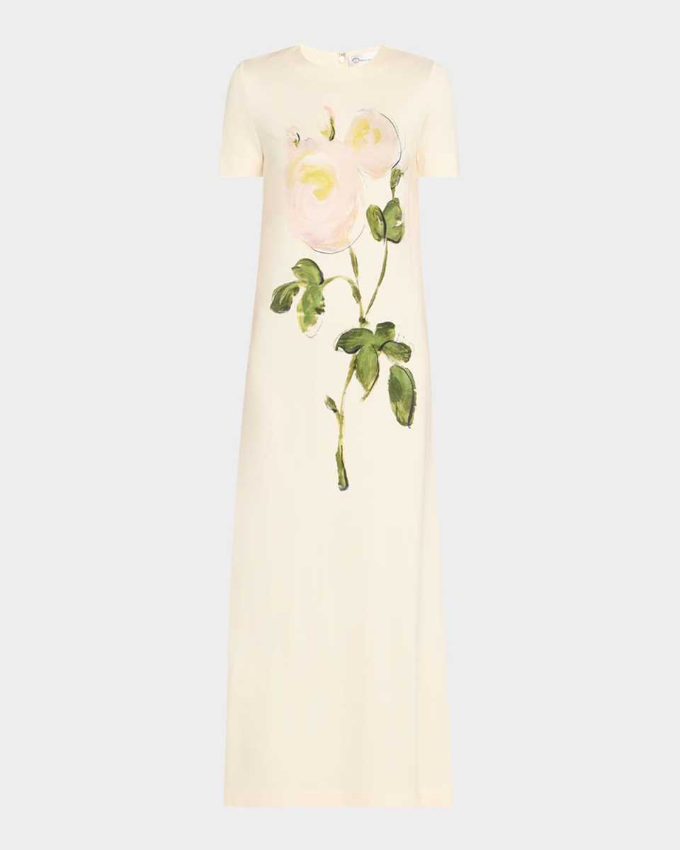 Painted White Roses Jersey Short-Sleeve Maxi Dress